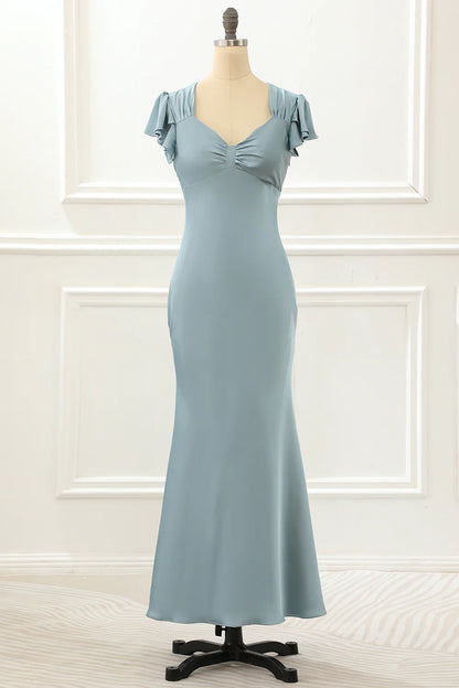 Satin Simple Blue Prom Dress With Ruffles