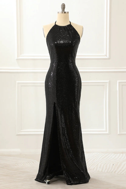 Halter Sequin Prom Dress With Slit