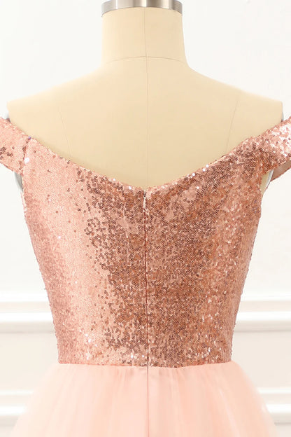 Blush Off The Shoulder Sequins Prom Dress