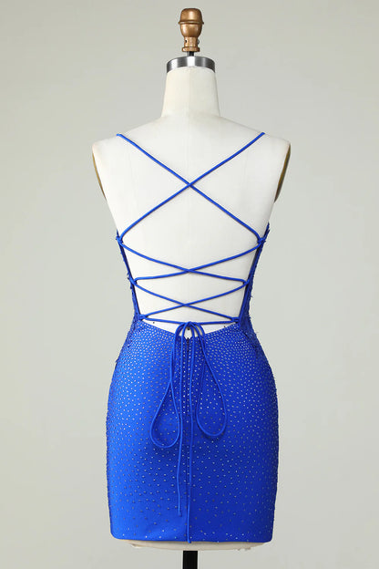 Royal Blue Beaded Spaghetti Straps Tight Homecoming Dress