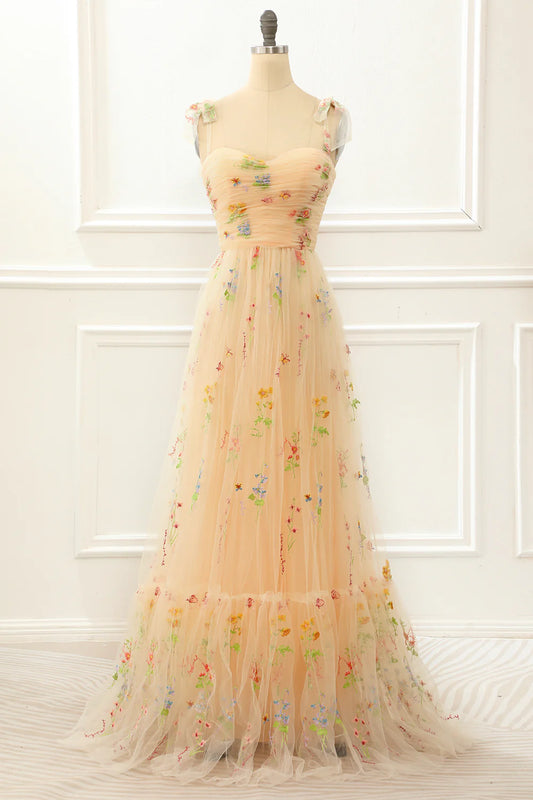 A Line Tulle Champagne Prom Dress With Embroidery