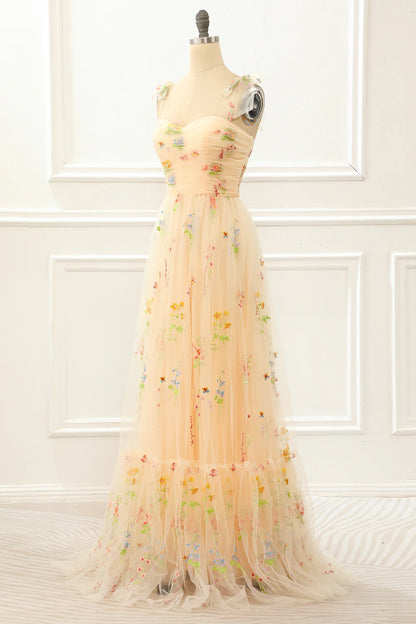A Line Tulle Champagne Prom Dress With Embroidery