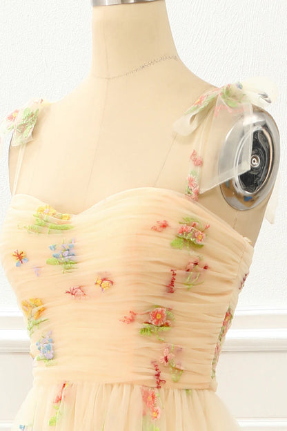 A Line Tulle Champagne Prom Dress With Embroidery