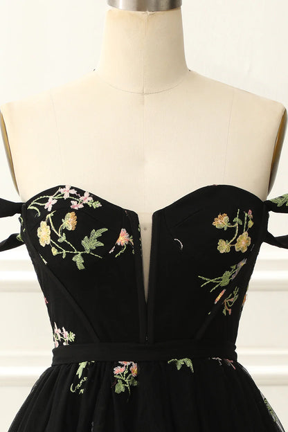 Black Off The Shoulder Cute Homecoming Dress With Embroidery