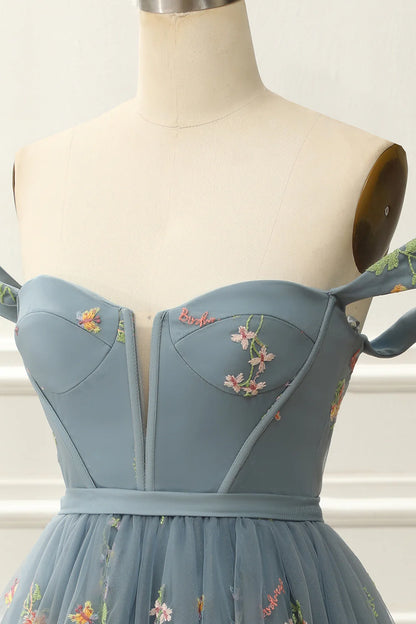 Blue Off The Shoulder Cute Homecoming Dress With Embroidery