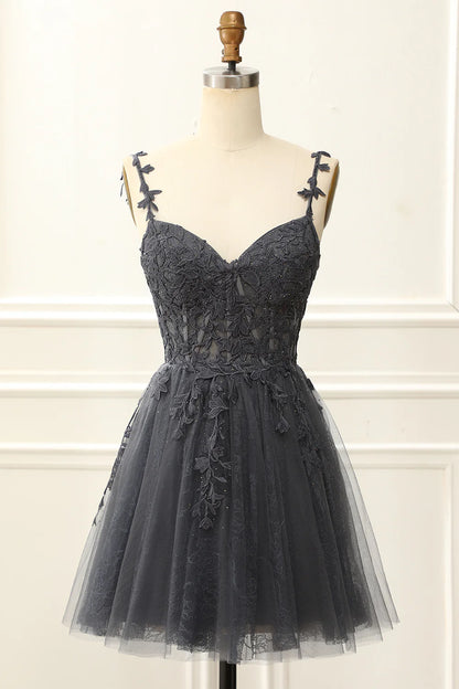 Dark Grey Off The Shoulder Corset Cute Homecoming Dress With Appliques