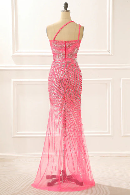 Hot Pink One Shoulder Sparkly Long Prom Dress With Slit