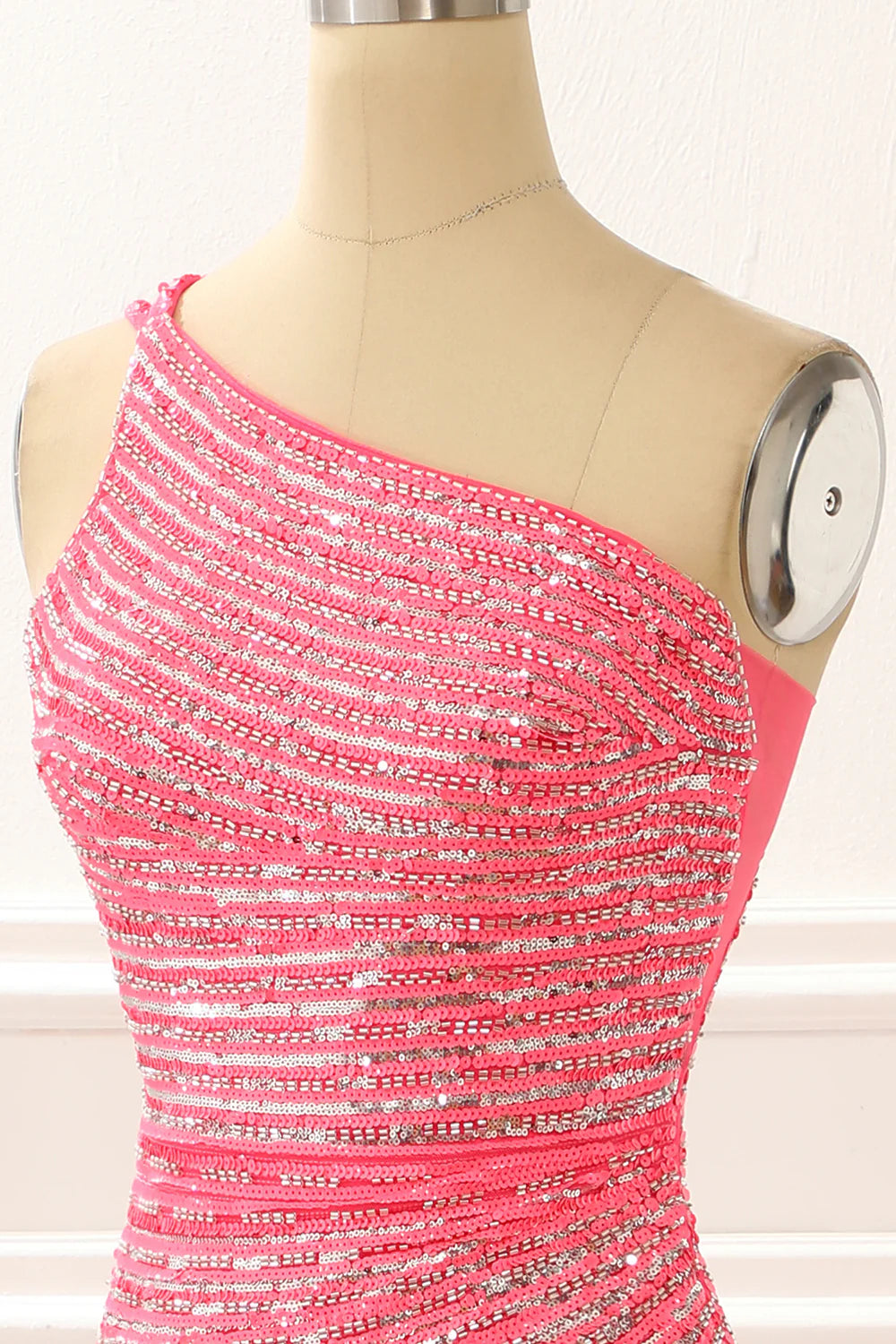 Hot Pink One Shoulder Sparkly Long Prom Dress With Slit