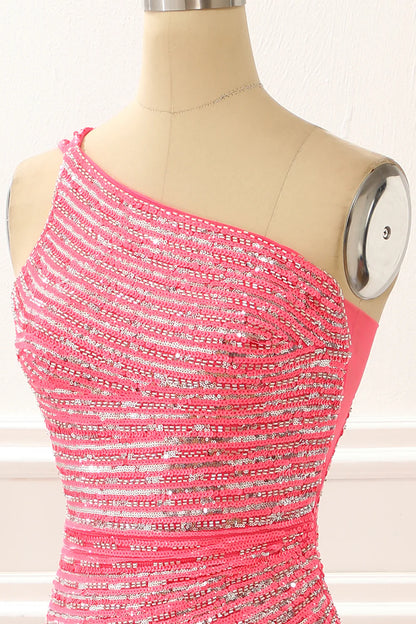 Hot Pink One Shoulder Sparkly Long Prom Dress With Slit