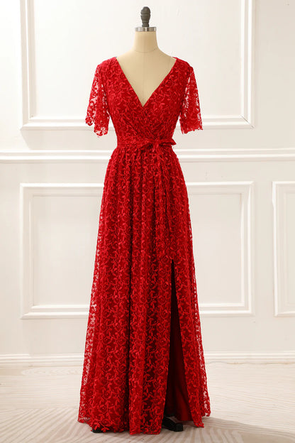 V-Neck Lace Red Prom Dress With Slit