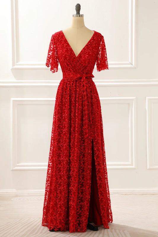 V-Neck Lace Red Prom Dress With Slit