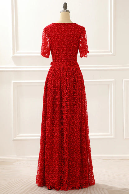 V-Neck Lace Red Prom Dress With Slit