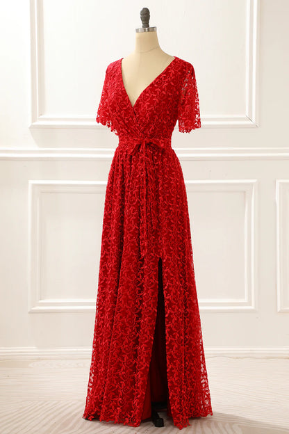 V-Neck Lace Red Prom Dress With Slit