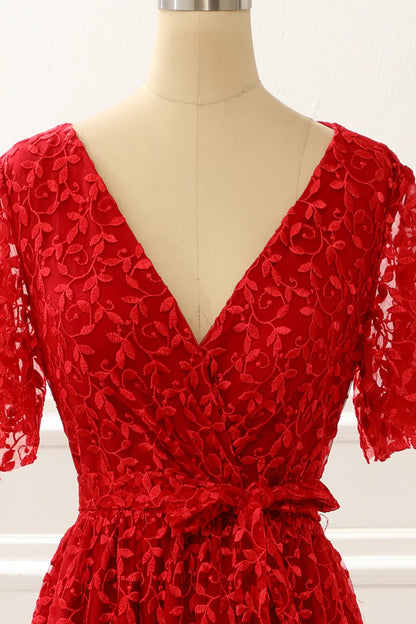 V-Neck Lace Red Prom Dress With Slit