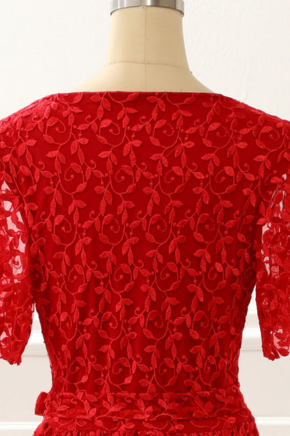 V-Neck Lace Red Prom Dress With Slit