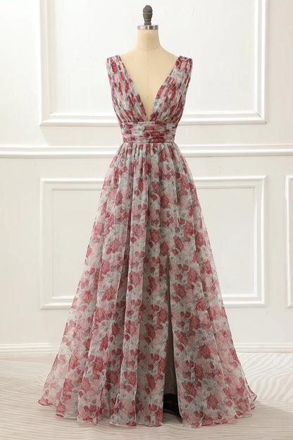 V-Neck Floral Pink A Line Prom Dress