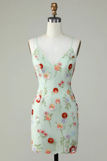 Olive Spaghetti Straps Tight Homecoming Dress With Embroidery