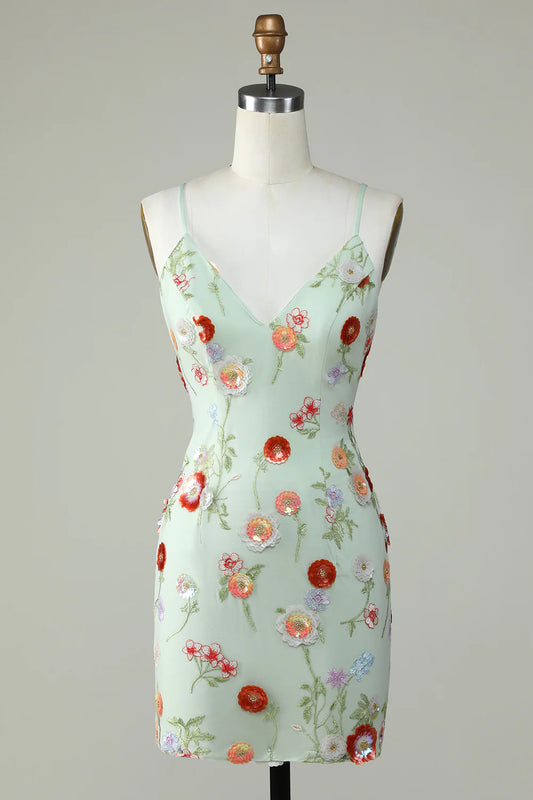 Olive Spaghetti Straps Tight Homecoming Dress With Embroidery