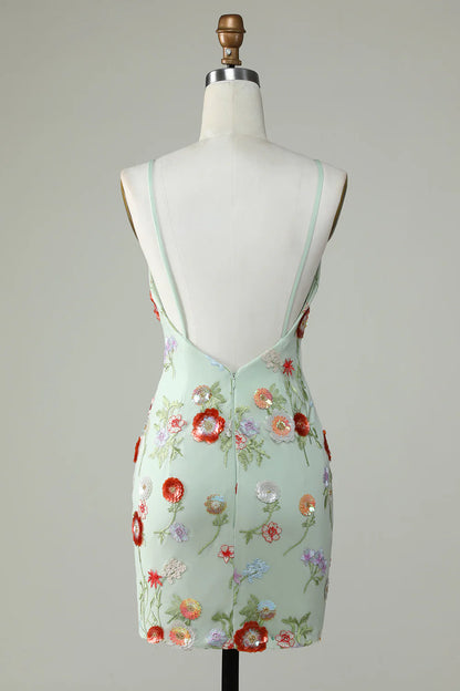 Olive Spaghetti Straps Tight Homecoming Dress With Embroidery