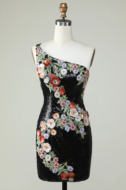 One Shoulder Sequins Tight Black Homecoming Dress With Flowers