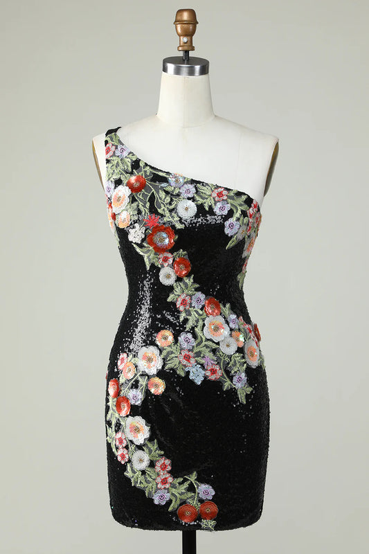 One Shoulder Sequins Tight Black Homecoming Dress With Flowers