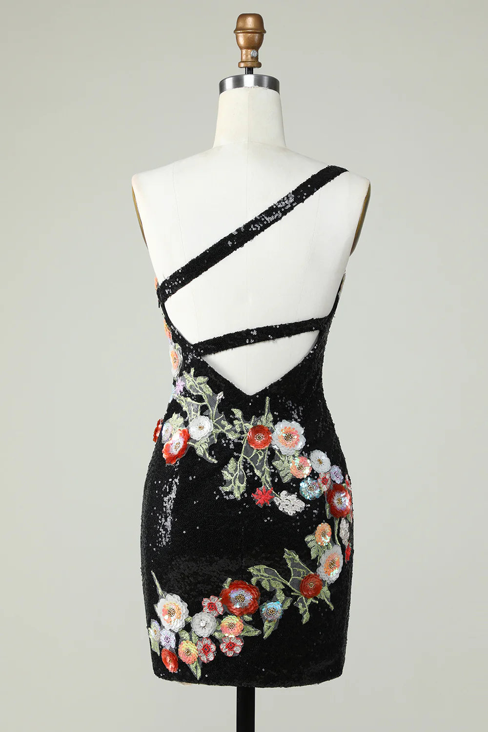 One Shoulder Sequins Tight Black Homecoming Dress With Flowers