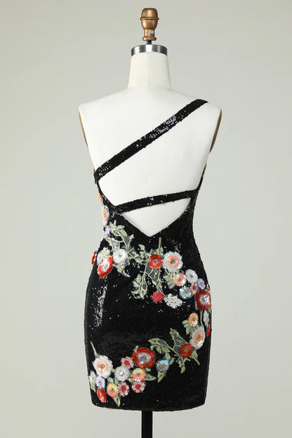 One Shoulder Sequins Tight Black Homecoming Dress With Flowers