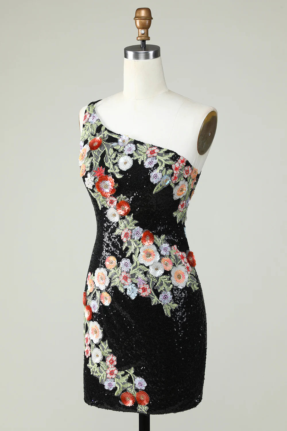 One Shoulder Sequins Tight Black Homecoming Dress With Flowers