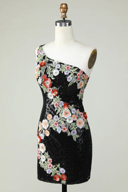 One Shoulder Sequins Tight Black Homecoming Dress With Flowers