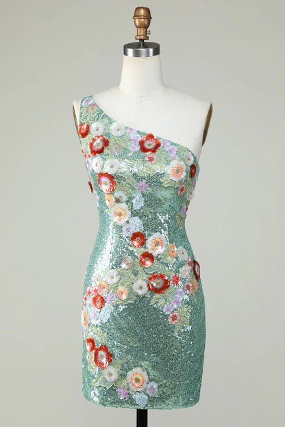One Shoulder Sequins Tight Green Homecoming Dress With Flowers