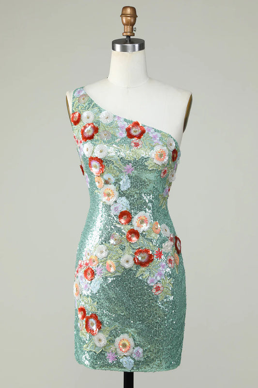 One Shoulder Sequins Tight Green Homecoming Dress With Flowers