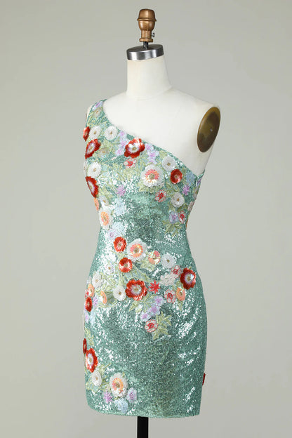 One Shoulder Sequins Tight Green Homecoming Dress With Flowers