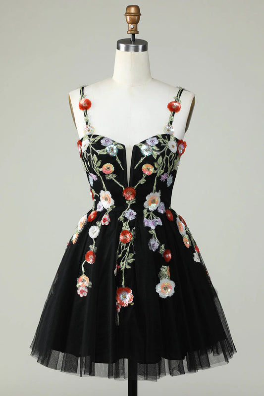 A Line Tulle Sparkly Black Homecoming Dress With Flower