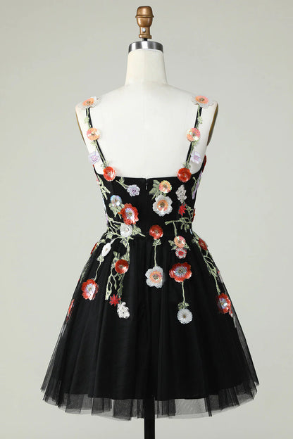 A Line Tulle Sparkly Black Homecoming Dress With Flower