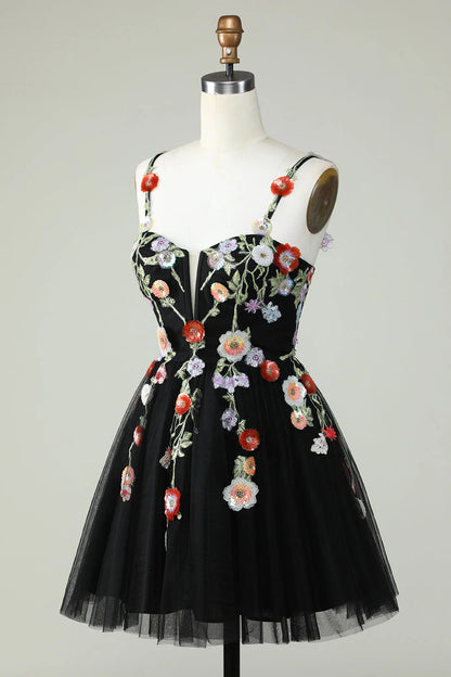 A Line Tulle Sparkly Black Homecoming Dress With Flower