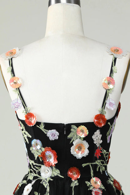 A Line Tulle Sparkly Black Homecoming Dress With Flower