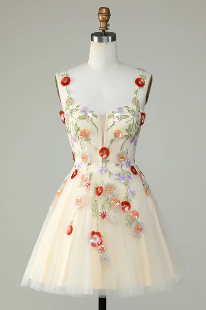 A Line Tulle Sparkly Champagne Homecoming Dress With Flower