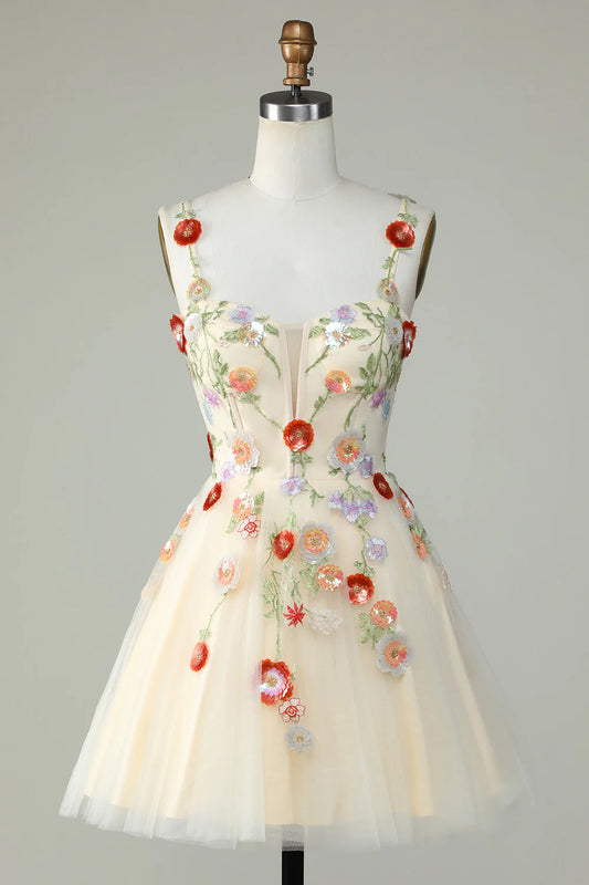 A Line Tulle Sparkly Champagne Homecoming Dress With Flower