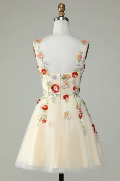 A Line Tulle Sparkly Champagne Homecoming Dress With Flower