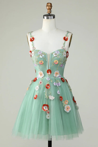 A Line Tulle Sparkly Green Homecoming Dress With Flowers