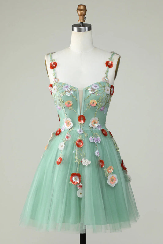 A Line Tulle Sparkly Green Homecoming Dress With Flowers
