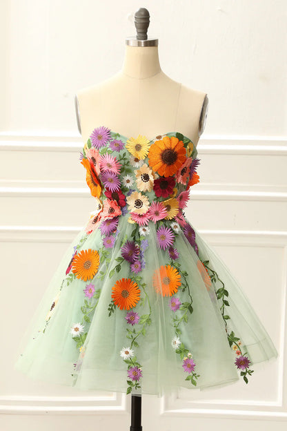 Strapless Homecoming Dress With 3D Flowers