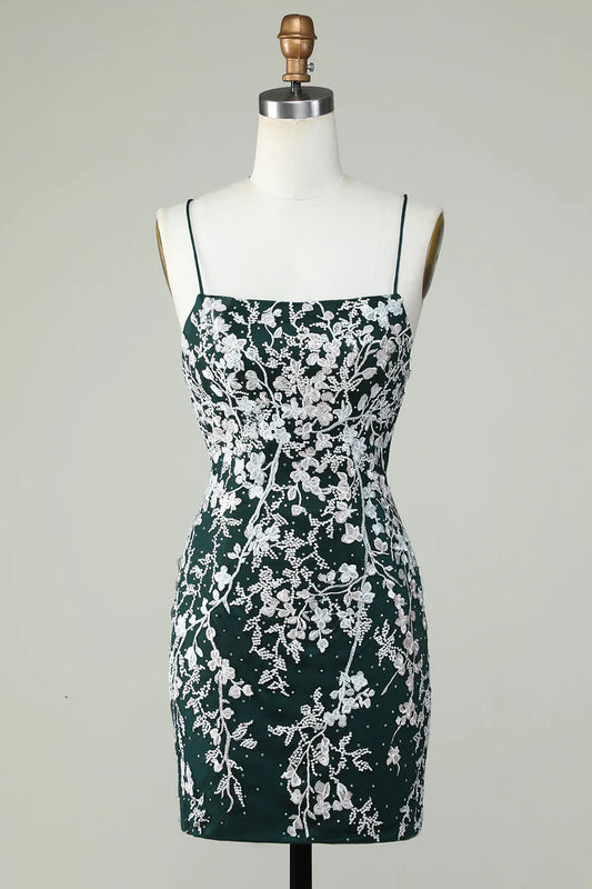 Spaghetti Straps Tight Dark Green Homecoming Dress With Appliques