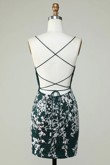 Spaghetti Straps Tight Dark Green Homecoming Dress With Appliques