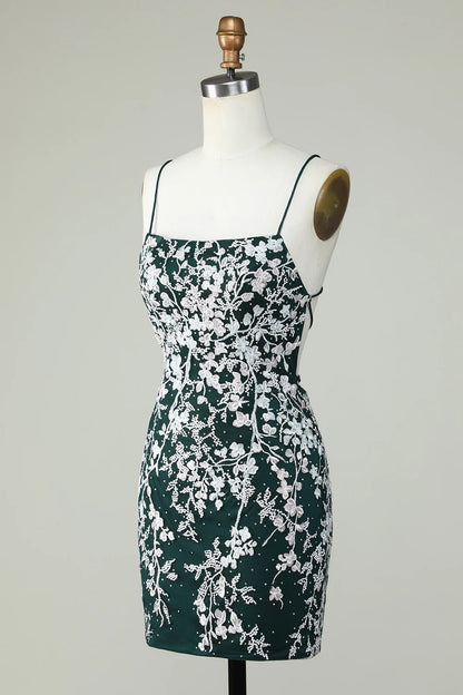 Spaghetti Straps Tight Dark Green Homecoming Dress With Appliques
