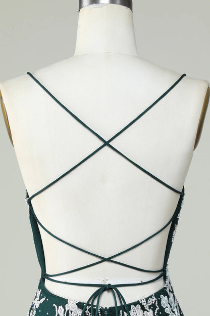 Spaghetti Straps Tight Dark Green Homecoming Dress With Appliques