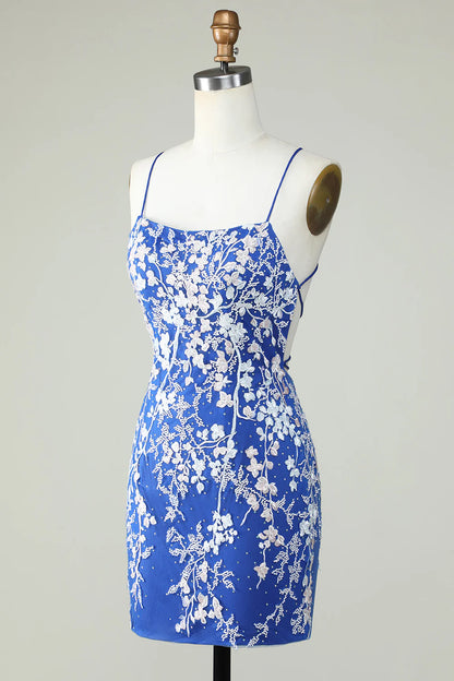 Spaghetti Straps Tight Royal Blue Homecoming Dress With Appliques