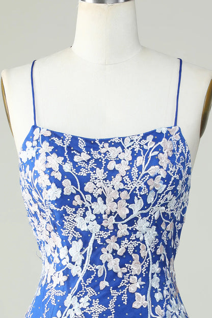 Spaghetti Straps Tight Royal Blue Homecoming Dress With Appliques