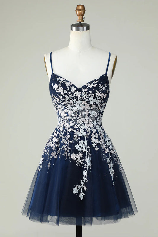 A Line Cute Corset Navy Homecoming Dress With Appliques