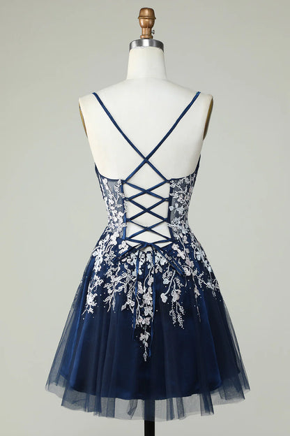 A Line Cute Corset Navy Homecoming Dress With Appliques